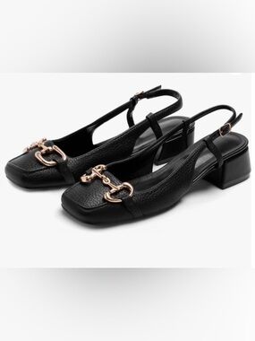 Black Leather Slingback Heels with Gold Horsebit Detail